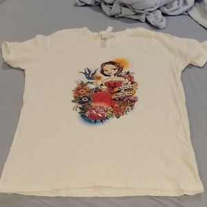 Women's Graphic Tee - White with Multicolor Design Shirt Runs Small
